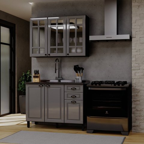 Cozinha Americana Modulada 2 Peças com Vidros Reflecta Balcão sem Tampo Paris