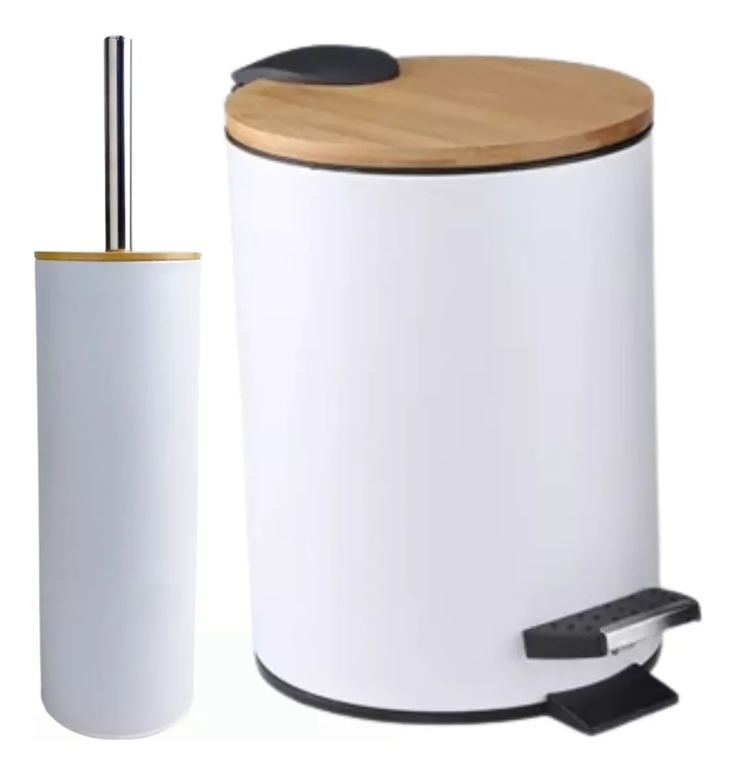 Lixeira com Pedal 5l e Amortecedor Escova Sanitária Bambu Cor:branca - 1