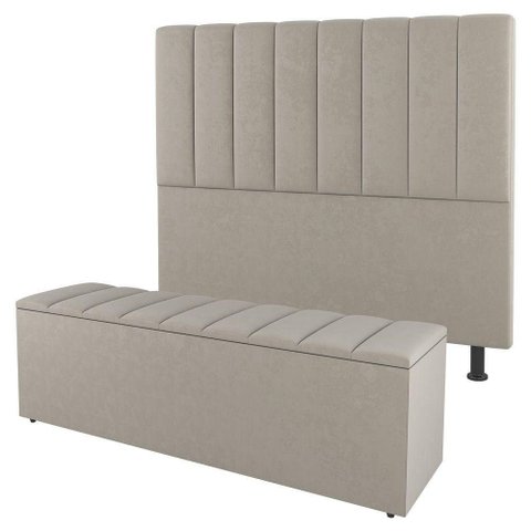 Kit Cabeceira E Baú Cama Box Casal Cora 140cm Suede Bege