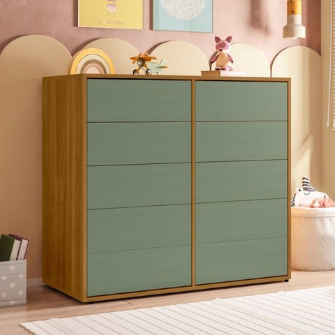 Cômoda para Quarto Infantil 10 Gavetas Melinda Marrom/Freijó/Verde
