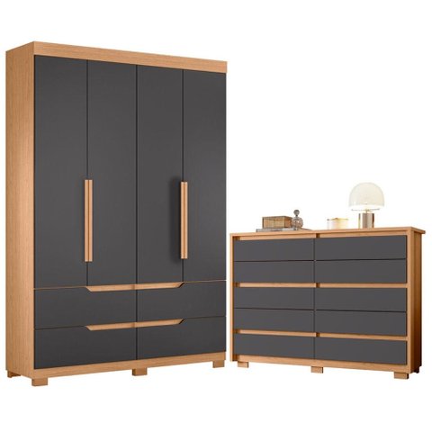Guarda Roupa Solteiro Doble 04 Portas e Cômoda Duetto Freijo Titanium- Móveis Albatroz