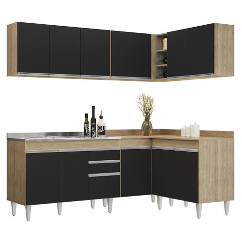 Armário de Cozinha Modulado de Canto 6 Peças Cp30 com Pia Inox Castanho/preto - Lumil Lumil Móveis
