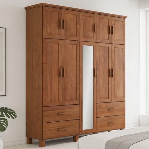 Guarda Roupa Casal Selena F06 10 Portas 4 Gavetas Madeira Maciça Castanho Lyam Decor