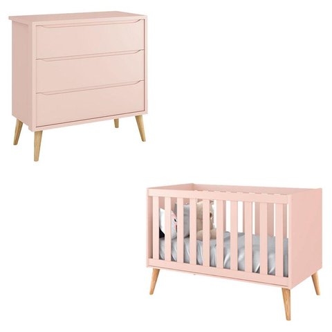 Berço Americano e Cômoda Infantil Gaveteiro Theo Rosa com Pés Madeira Natural – Reller