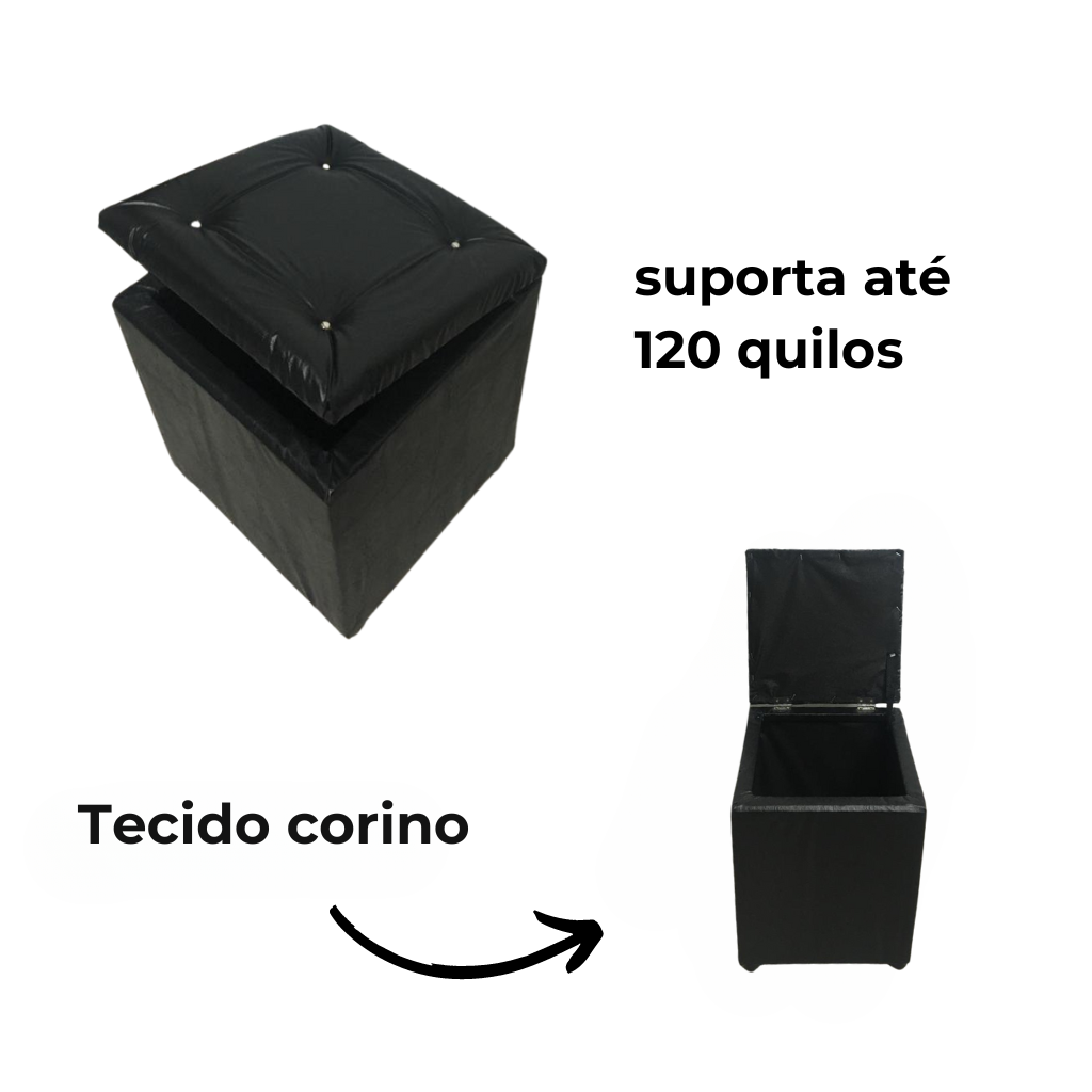 Puff Bau Quadrado Decoração Guarda Brinquedos Assento - Preto Corino - 3