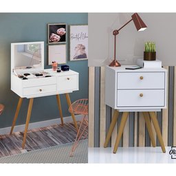 Conjunto de Quarto Guarda Roupa Retrô 20 + Penteadeira C/ Espelho Cristal + Mesa Cabeceira 50 Branco - 3