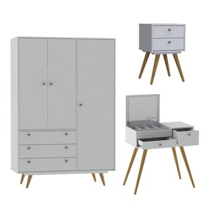 Conjunto de Quarto Guarda Roupa Retrô 20 + Penteadeira C/ Espelho Cristal + Mesa Cabeceira 50 Branco
