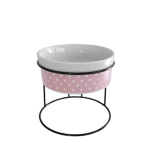 Comedouro Elevado com Pote de Porcelana 300ml Poá Rosa