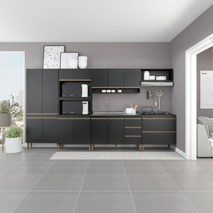 Cozinha Modulada 360cm com Balcão Pia Sabrina 6 Peças Preto Reins
