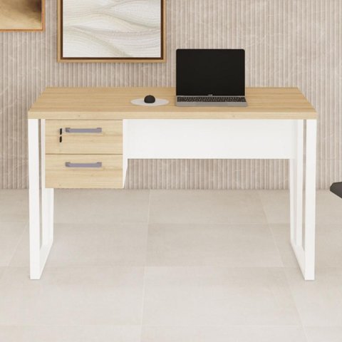 Mesa Escrivaninha Industrial 120cm Tampo 30mm com 2 Gavetas Pés em Metal F5 Office Cor:Macadâmia