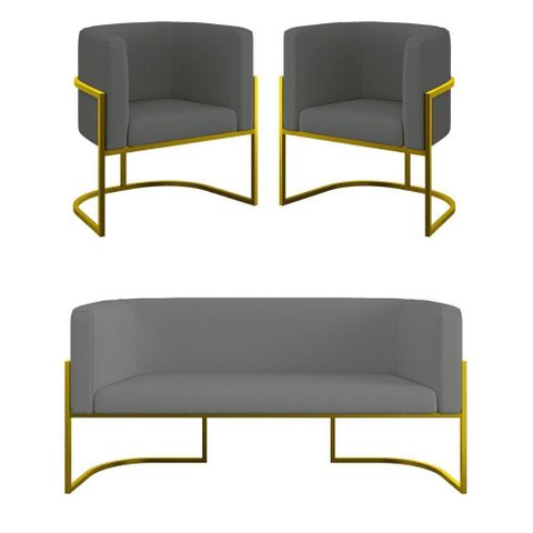 Kit 2 Poltronas + Sofá 2 Lugares Base de Metal Gold Veludo Cinza