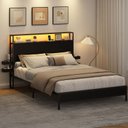 Ver imagem 2 de Cama Queen com Cabeceira, Led, Tomadas Usb e Prateleiras Laterais Deslizantes Preta