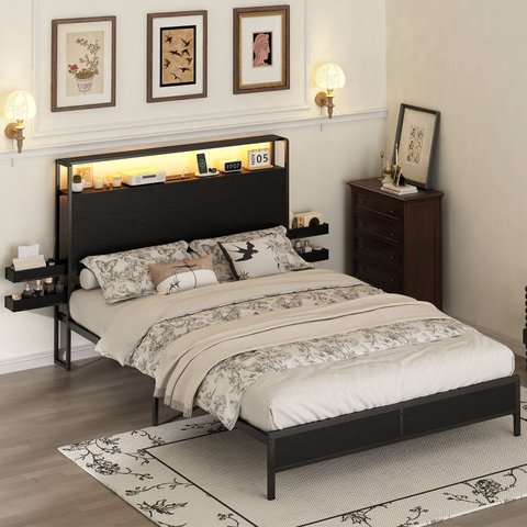 Cama Queen com Cabeceira, Led, Tomadas Usb e Prateleiras Laterais Deslizantes Preta