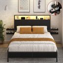 Ver imagem 3 de Cama Queen com Cabeceira, Led, Tomadas Usb e Prateleiras Laterais Deslizantes Preta