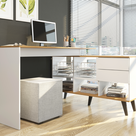 Mesa Escrivaninha em L 2 Gavetas e Nichos Mdp 0747