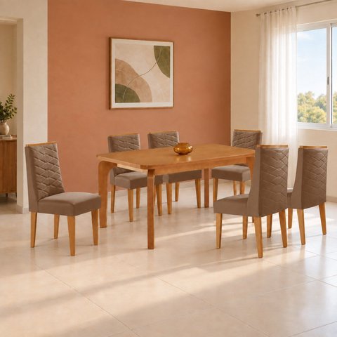 Conjunto de Mesa de Jantar Dublin 180 Tp MDF Laminado Canto Copo 6 Cadeiras Estela