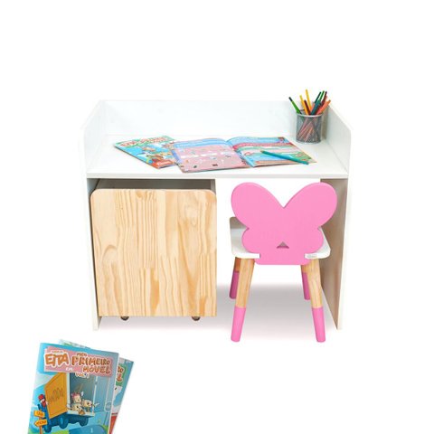 Escrivaninha Infantil Bancada Organizadora P - Borboletinha Kit Livro Educativo em Madeira - Rosa