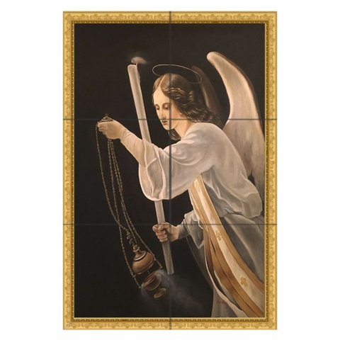 Quadro Arcanjo com Incensário e Vela 60x40 em Azulejos