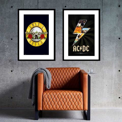 Kit 2 Quadros Grandes Bandas Rock - 60x48cm:madeira Branca