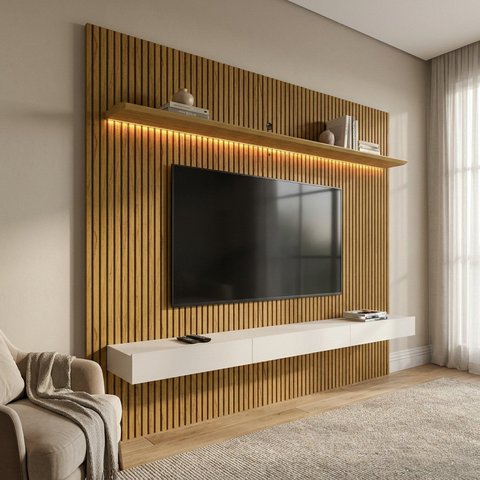 Painel para TV até 90 Polegadas em MDF com LED 250cm x 224cm Casuá Naturale Requinte