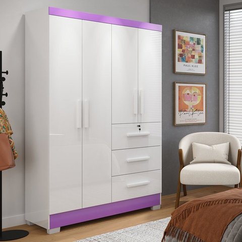 Guarda-Roupa 4 Portas Flex 200,5x120,4cm Amanda Yescasa Branco/-/Lilás