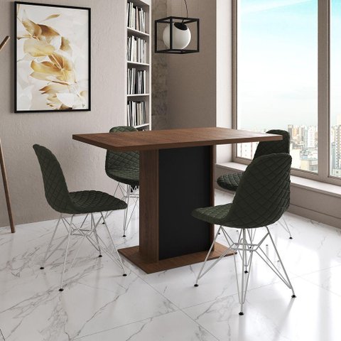 Mesa Jantar Londres Tampo Amêndoa 120cm Base Preta 4 Cadeiras Ferro Branco Estofado Verde
