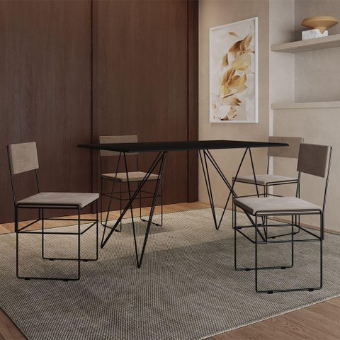 Mesa Jantar Industrial Trama 1,40x0,80m Preta com 4 Cadeiras Estofadas Vitória Bege e Preta Marrom