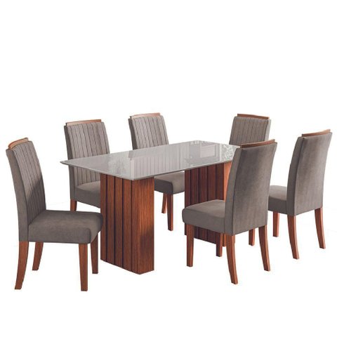 Conjunto de Mesa Sala de Jantar Ripada Tampo com Vidro Santiago 1,60m 6 Cadeiras Grécia Dobuê