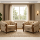 Ver imagem 1 de Kit 2 Poltronas Capitonê com Detalhe em Madeira Nobre Linho Bege Adhara Larbelle