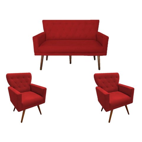 Kit Namoradeira + 2 Poltronas Decorativa Aurora Suede Vermelho Pés Madeira Ms Decor