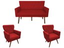 Ver imagem 1 de Kit Namoradeira + 2 Poltronas Decorativa Aurora Suede Vermelho Pés Madeira Ms Decor
