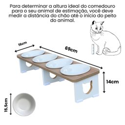 Comedouro Elevado Quadruplo Linear Gato Pet Mdf - Porcelana - 2