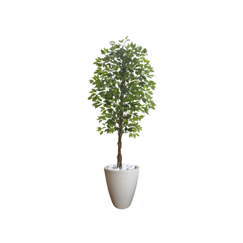 Planta Artificial Ficus Verde 2,10m kit + Vaso Redondo Bege 40cm