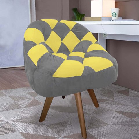 Poltrona Paloma Escritório Sala Giratória Madeira Suede Cinza e Suede Amarelo - Dominic Decor