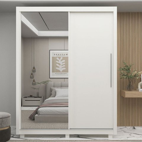 Guarda-Roupa Solteiro Majestique 2 Portas 3 Gavetas 100% MDF com Espelho Branco - Pnr Móveis