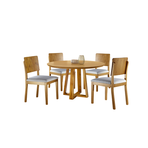 Sala de Jantar Mesa Redonda com 4 Cadeiras Madeira Maciça Tecido Linho Cinza Prata