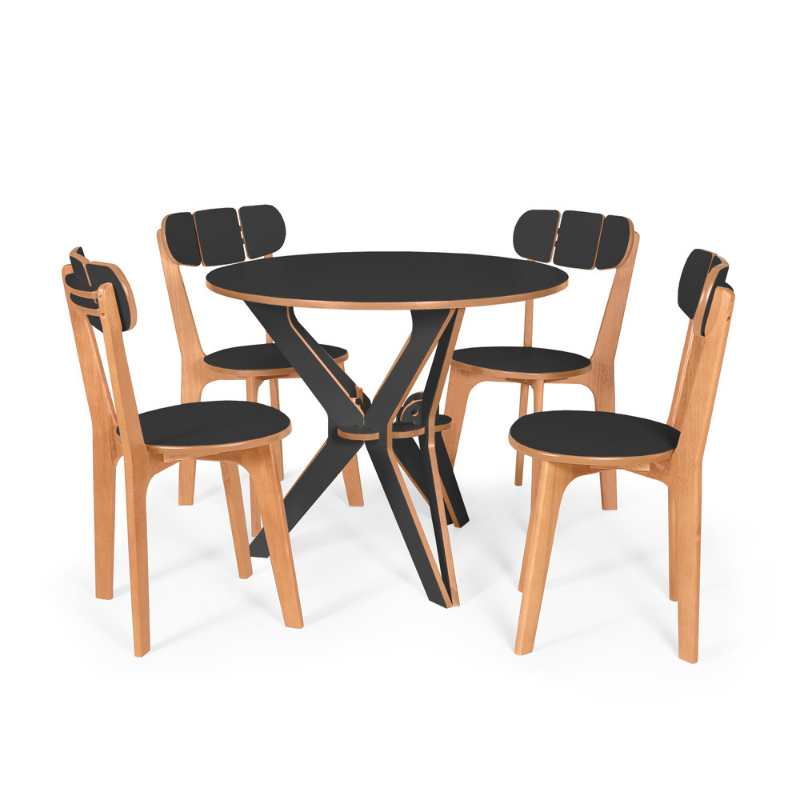 Conjunto de Jantar Mesa Itália 100 Cm com 4 Cadeiras em Madeira Divino Preto