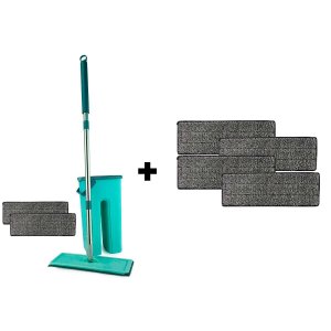 Kit Mop Flat Cabo Inox com Balde Lava e Saca Esfregão Multiuso Limpa Esterilizar Brilho + 4 Refil