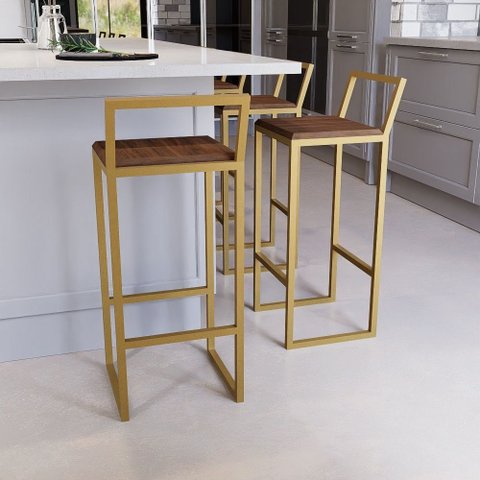 Jogo 3 Banqueta Alta Balcão Bistrô Dourada Confort Industrial Premium Imbuia Don Castro Decor Indust