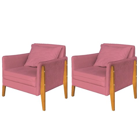Kit 2 Poltronas Decorativa Sophia Suede Rosa Pés Madeira Ms Decor