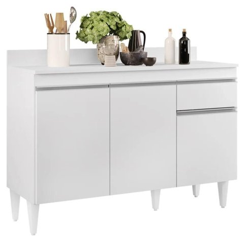 Balcão Gabinete 120cm com Tampo 3 Portas 1 Gaveta Branco