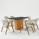 Ver imagem 2 de Mesa Retangular Tampo de Vidro Verbena 160cm Ypê Preto N01 com 6 Cadeiras Nadja Linho Cru - Lyam Dec