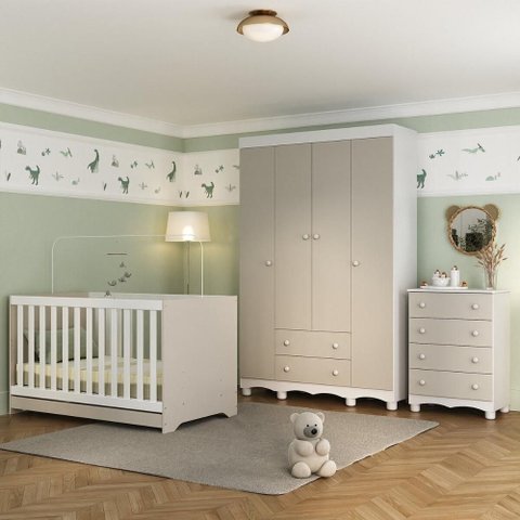 Quarto de Bebê Completo com Berço Americano 3 em 1 Dengo Multimóveis Mp4588 Branco/off White