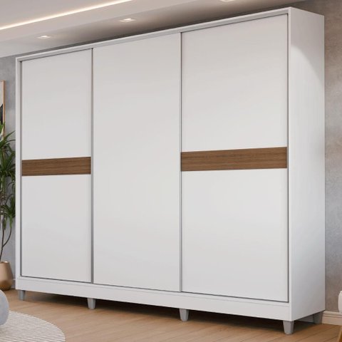 Guarda-Roupa Casal 100% MDF com Pés 3 Portas Branco Malta Madesa