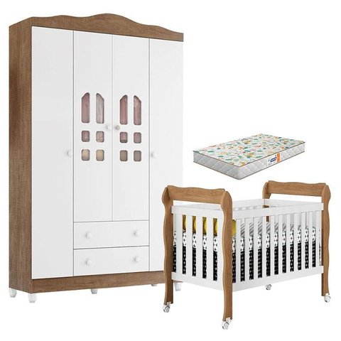 Berço Americano Lila e Guarda Roupa Infantil New Selena 4 Portas Branco Acetinado Amadeirado com Col