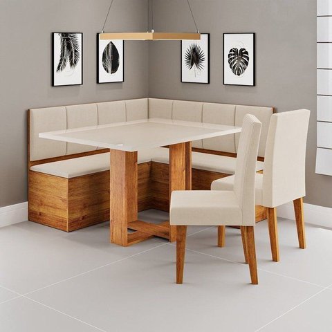 Conjunto Canto Alemão Baú com Mesa Retangular Tampo de Vidro com 2 Cadeiras Veloso Yescasa Bege/Mel/