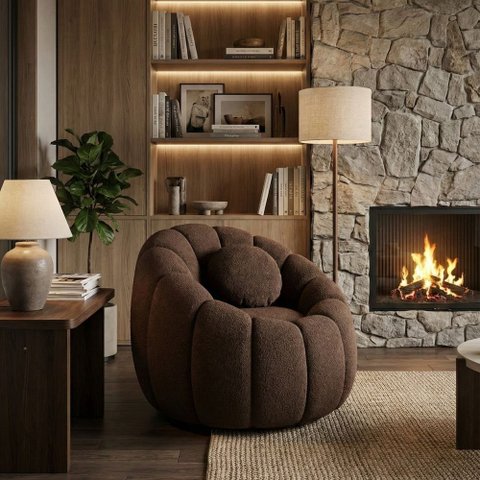 Poltrona Decorativa Giratória Concha c/Almofada Boucle Marrom Abobora -Vimont Moveis