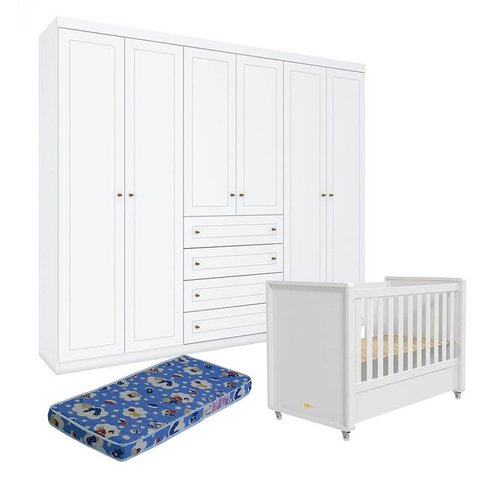 Berço Tutto New com Guarda Roupa Americano 6 Portas Branco Fosco e Colchão Ortobom - Matic