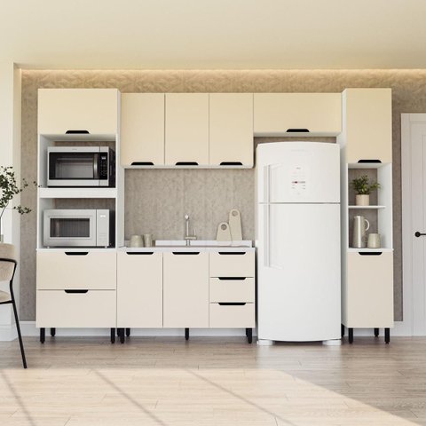 Cozinha Meena 5 Peças 310cm Armários Aéreos Torre Quente Paneleiro Balcão Branco/Creme 250056