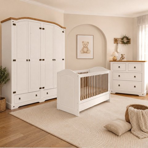 Quarto de Bebê Completo 100% MDF com Guarda Roupa Cômoda Berço Smile Bege Creme/Carvalho